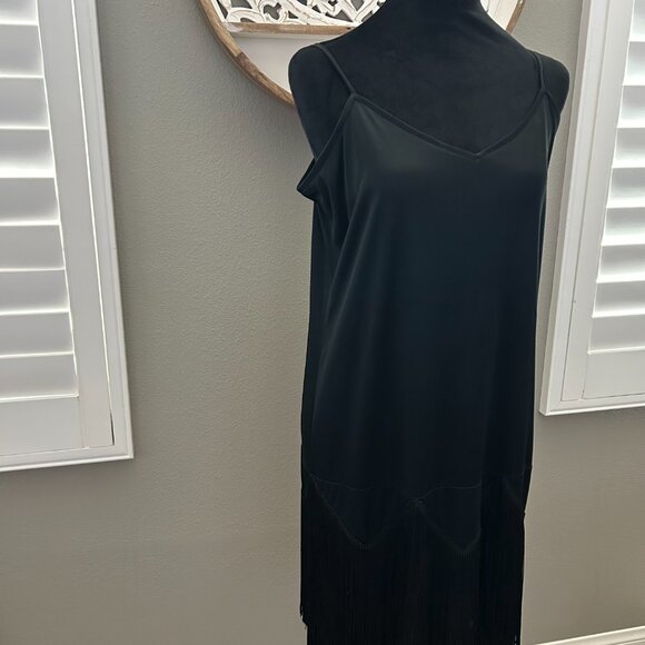 Vintage Pat Richards Fringe Slip Dress Womens Black Spaghetti Strap Tassel SZ12 - Picture 3 of 9